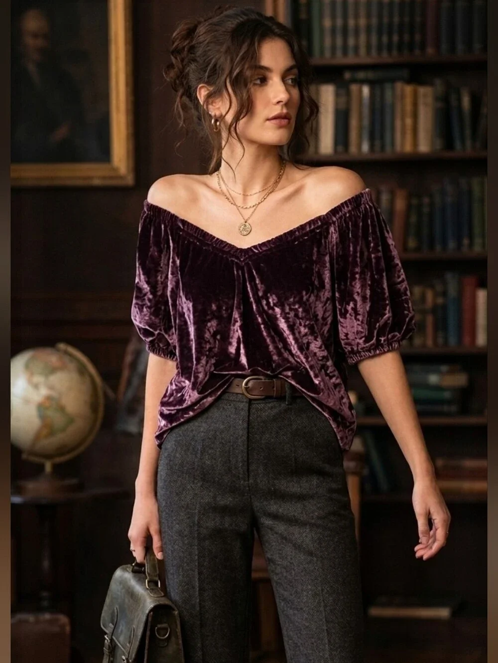 LOFT Plum Velvet Off Shoulder Top Large Dark Academia Romantic